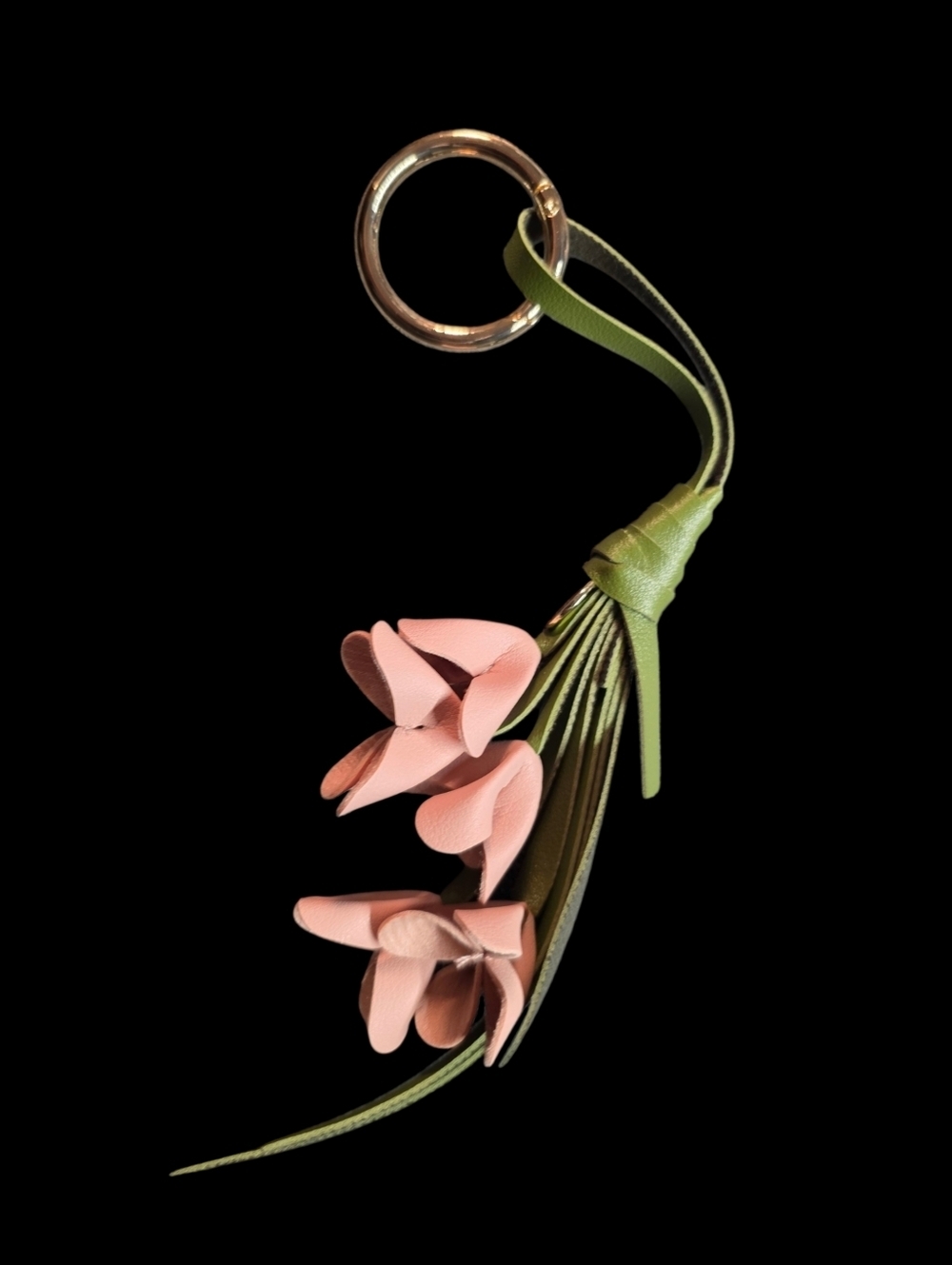 Pink Vegan Leather Flower Bag Chsrm Keychain with Olive Green Strap